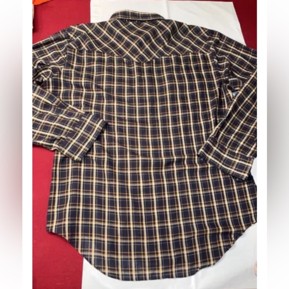 Christopher Rand dark plaid Western Shirt Blue Tan Rockabilly Pearl Snap up 1970 - Picture 10 of 11